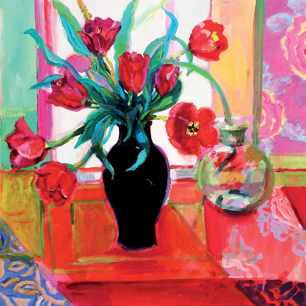 Red Tulips, Black Vase