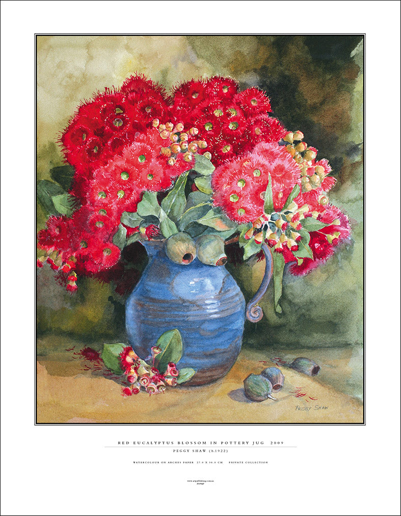 PS99AP Red Eucalyptus Blossom In Pottery Jug